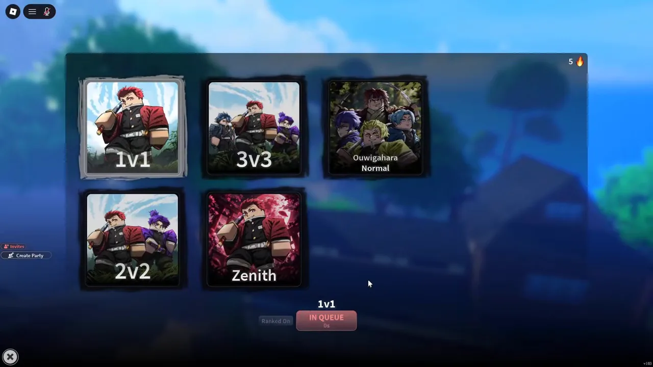 The PvP mode grid with 1v1 selected and the ranked queue running