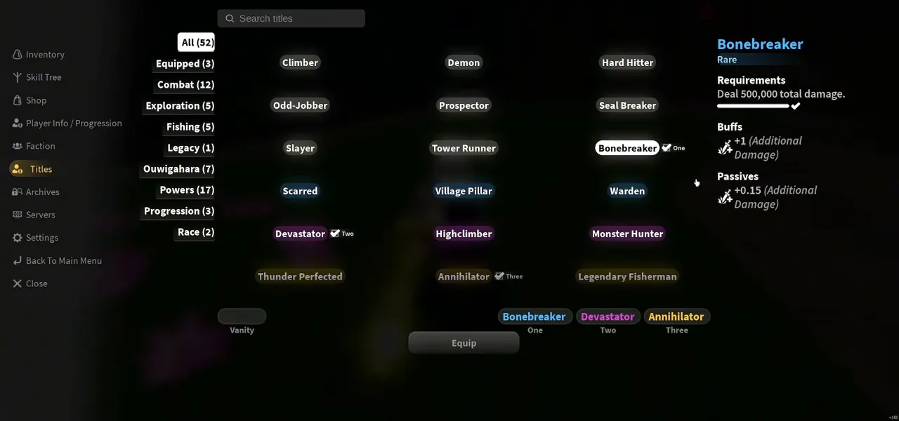 The Titles menu with three damage titles equipped